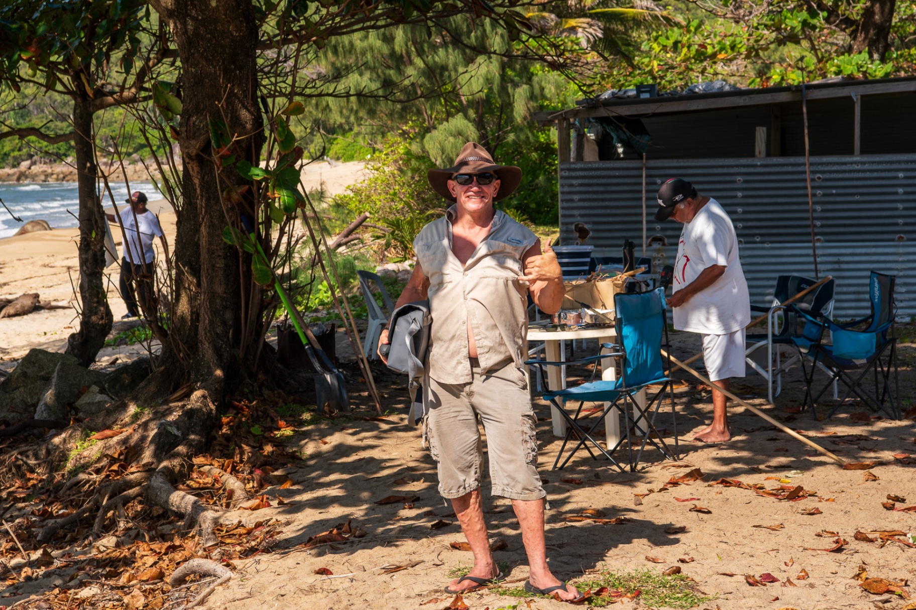 Bernard at the beach camp with the mob